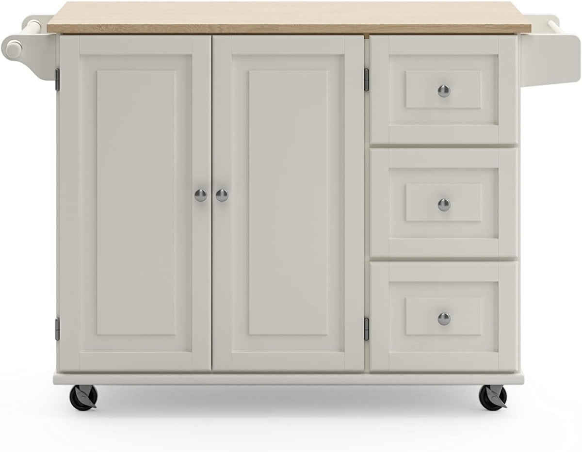 Front view of off-white mobile kitchen island with wood top, double doors at left and three stacked drawers at right on