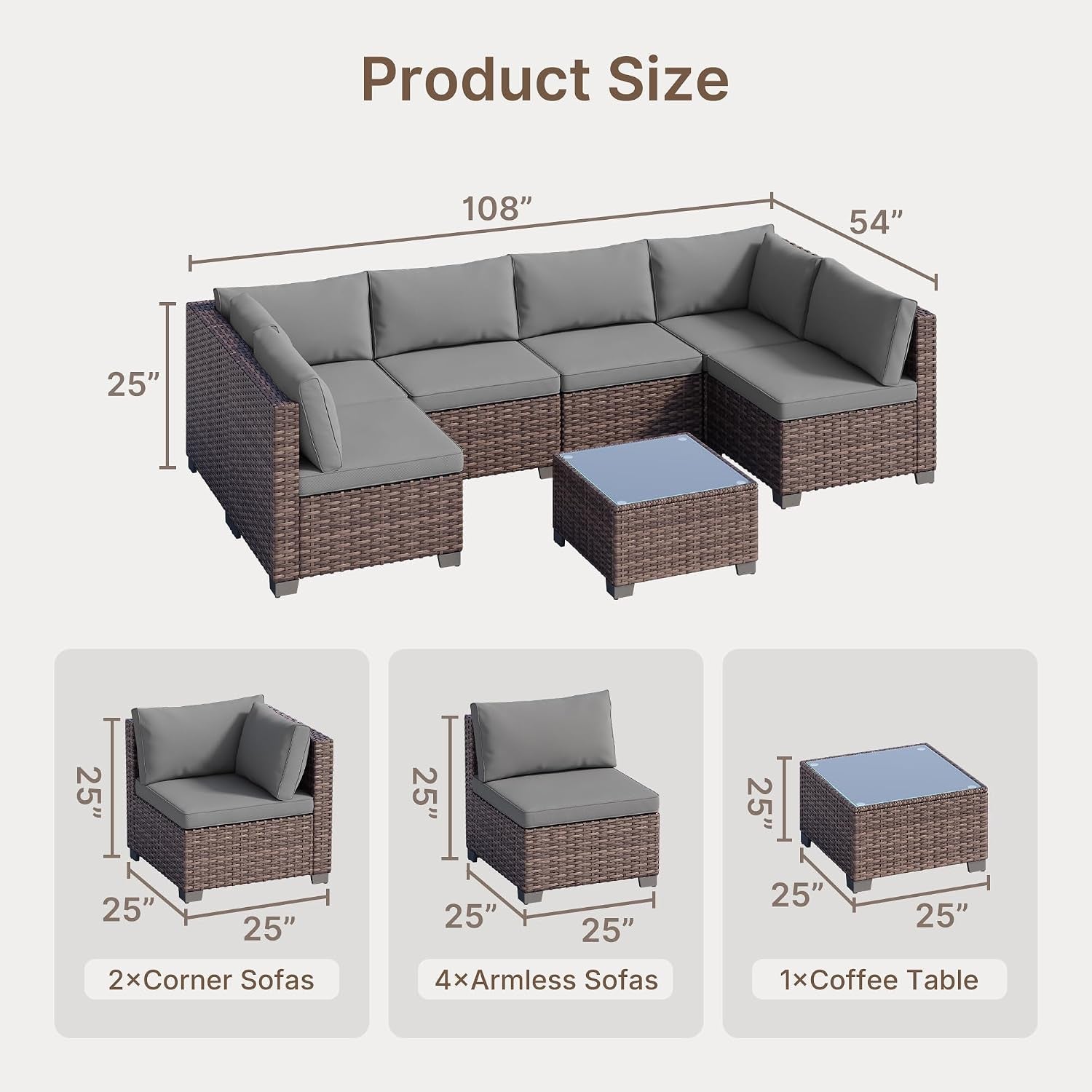 Rendered corner sectional with arrows showing overall dimensions and small diagrams of two corner seats, four armless seats
