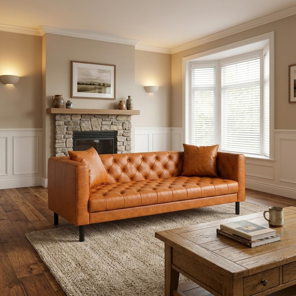 tan PU leather button-tufted 3-seat sofa angled front view in a living room with fireplace