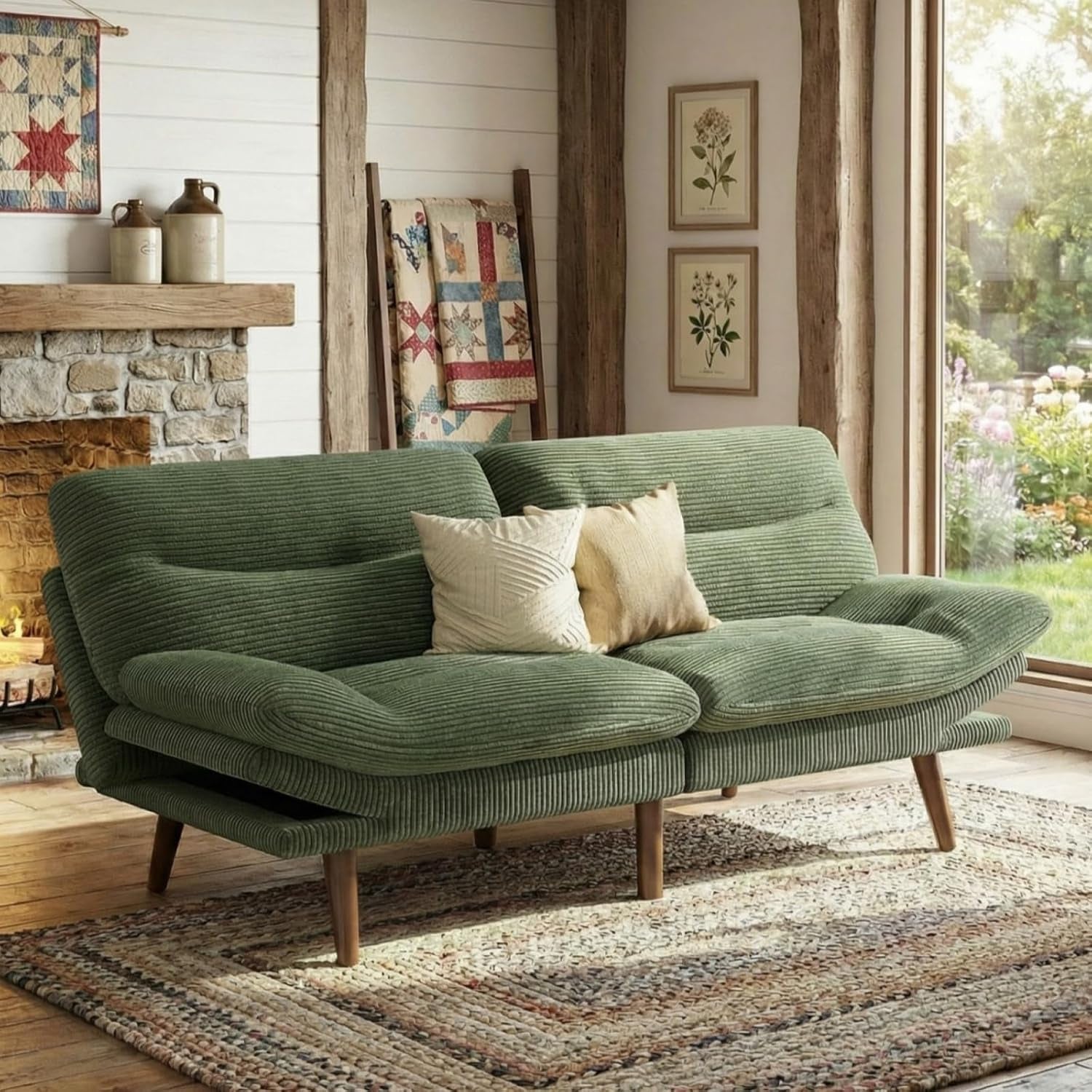 Green corduroy 66-inch futon sofa angled front view with wooden legs in a living room