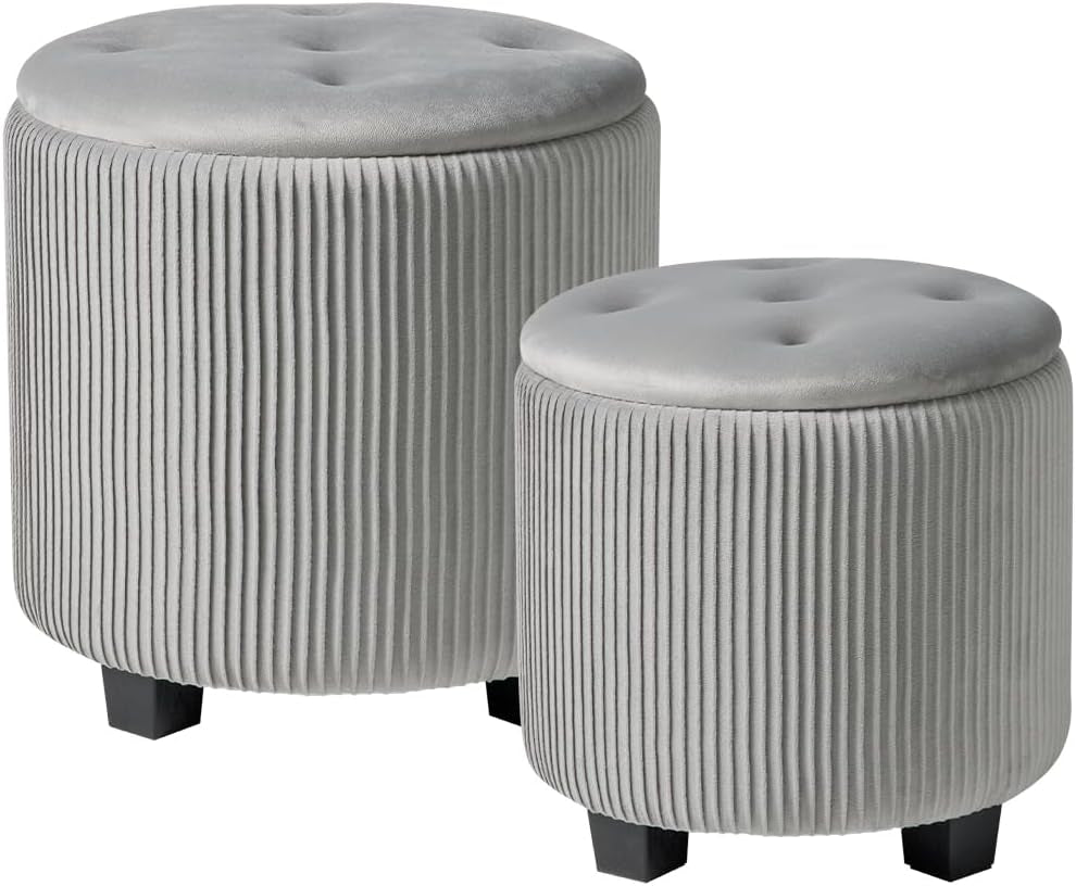 Light gray round storage ottoman set showing tufted tops and ribbed velvet sides