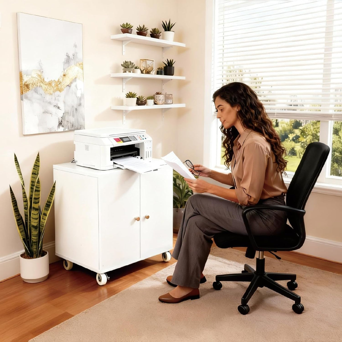 White rolling cabinet used as a printer stand with a woman seated nearby in a bright home office setting
