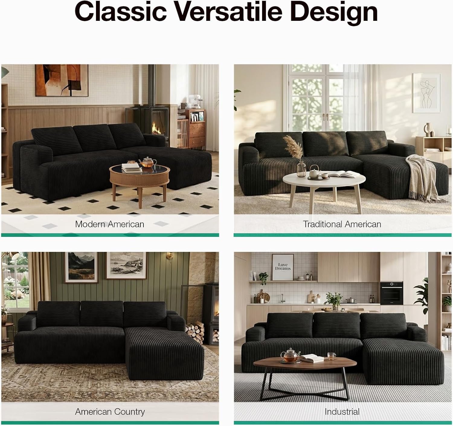 L-Shape Sectional Couches for Living Room with Smarts Coil® Support, 3 Seater Sectional Sofas for Living Room Bedroom, Corduroy Cloud Couch Sectional, No Assembly(Black, Right Hand Facing)