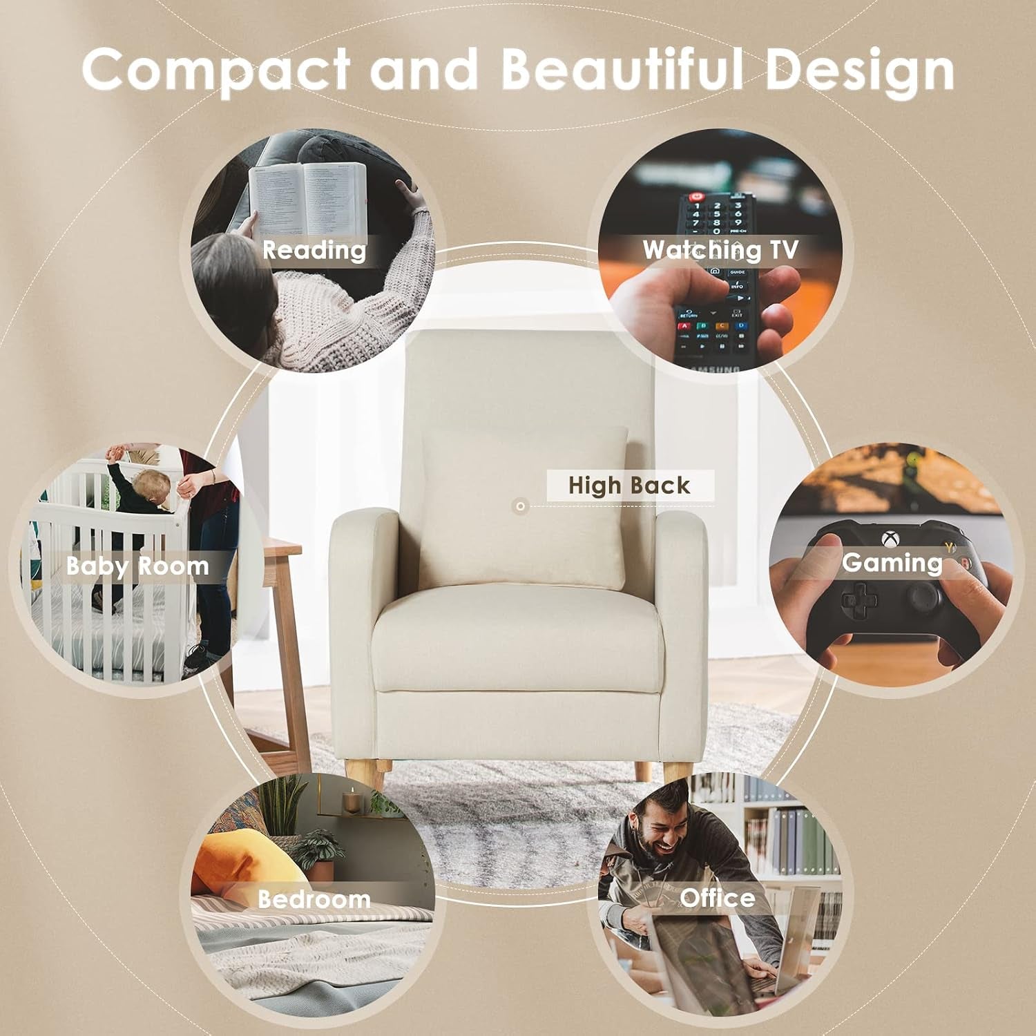 Front view of a single beige high-back accent chair with icons showing suggested room uses like reading and gaming