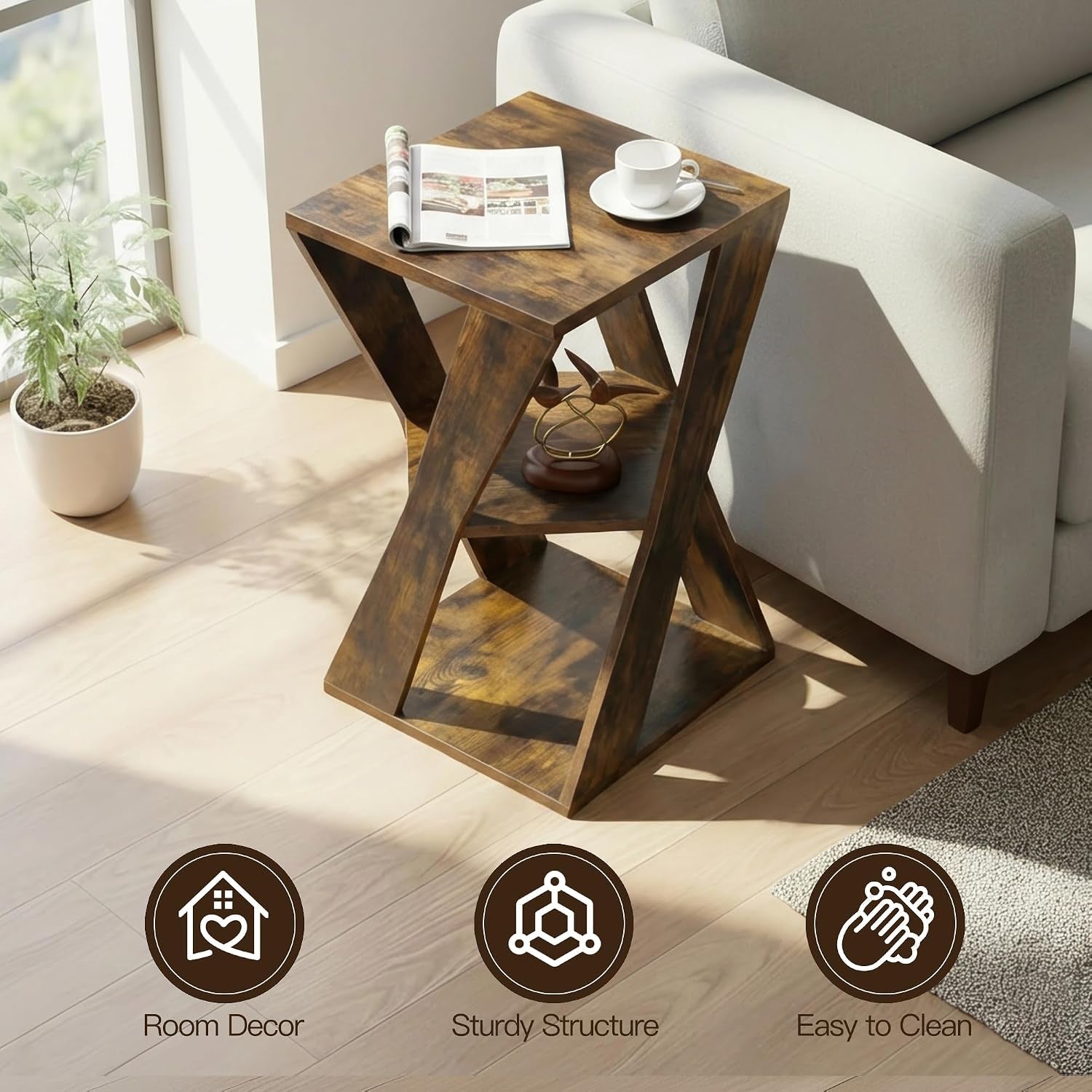 Top-down angled view of the rustic brown wooden side table showing its X-shaped supports and shelves