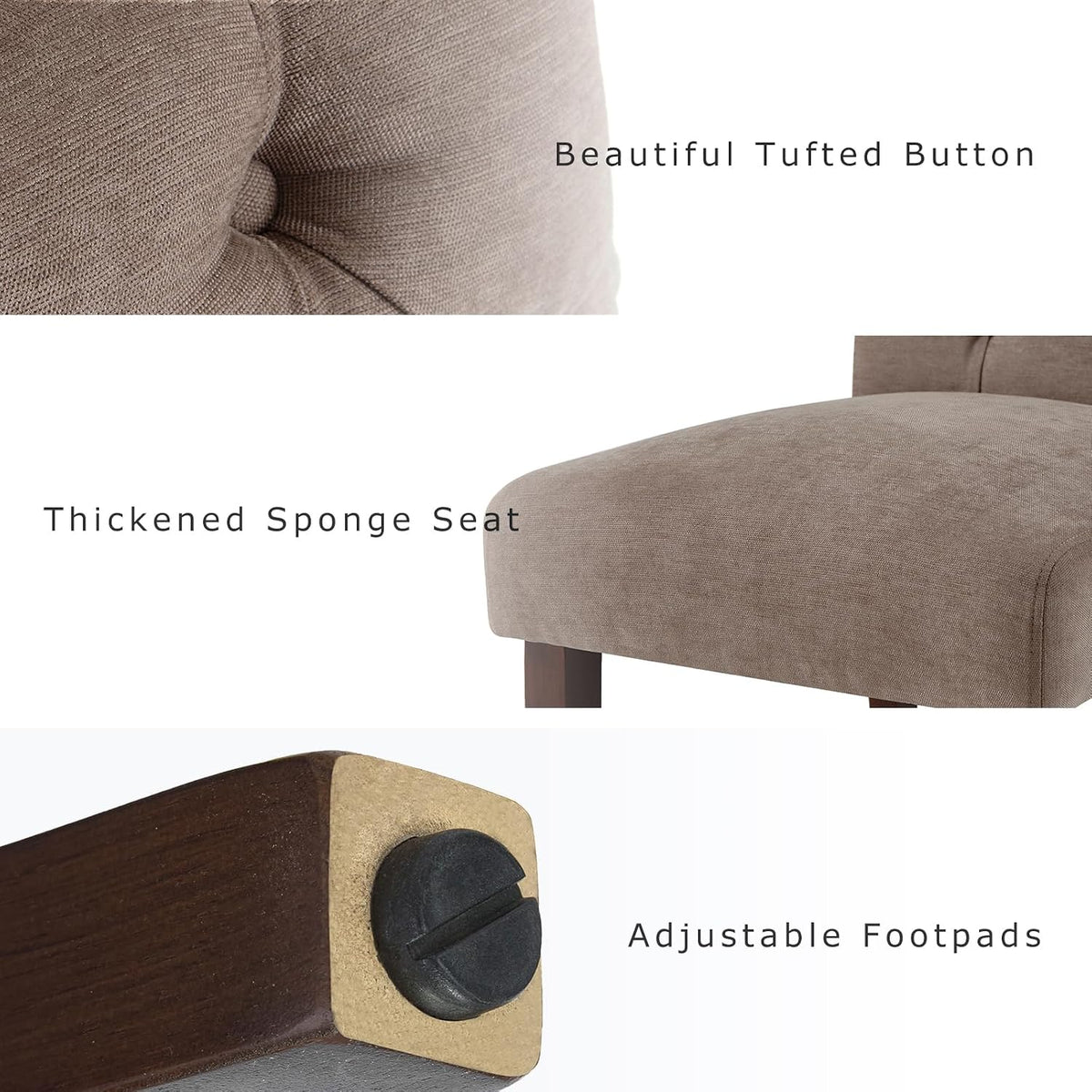 Close-up collage showing tufted linen-look fabric, padded seat edge and a chair leg footpad