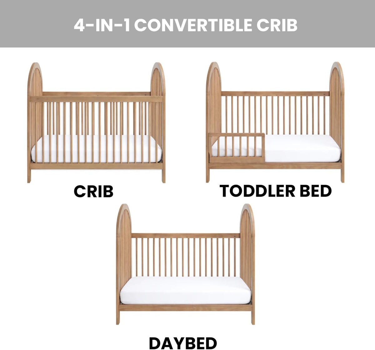 Three views of the crib converted into crib, toddler bed, and daybed configurations
