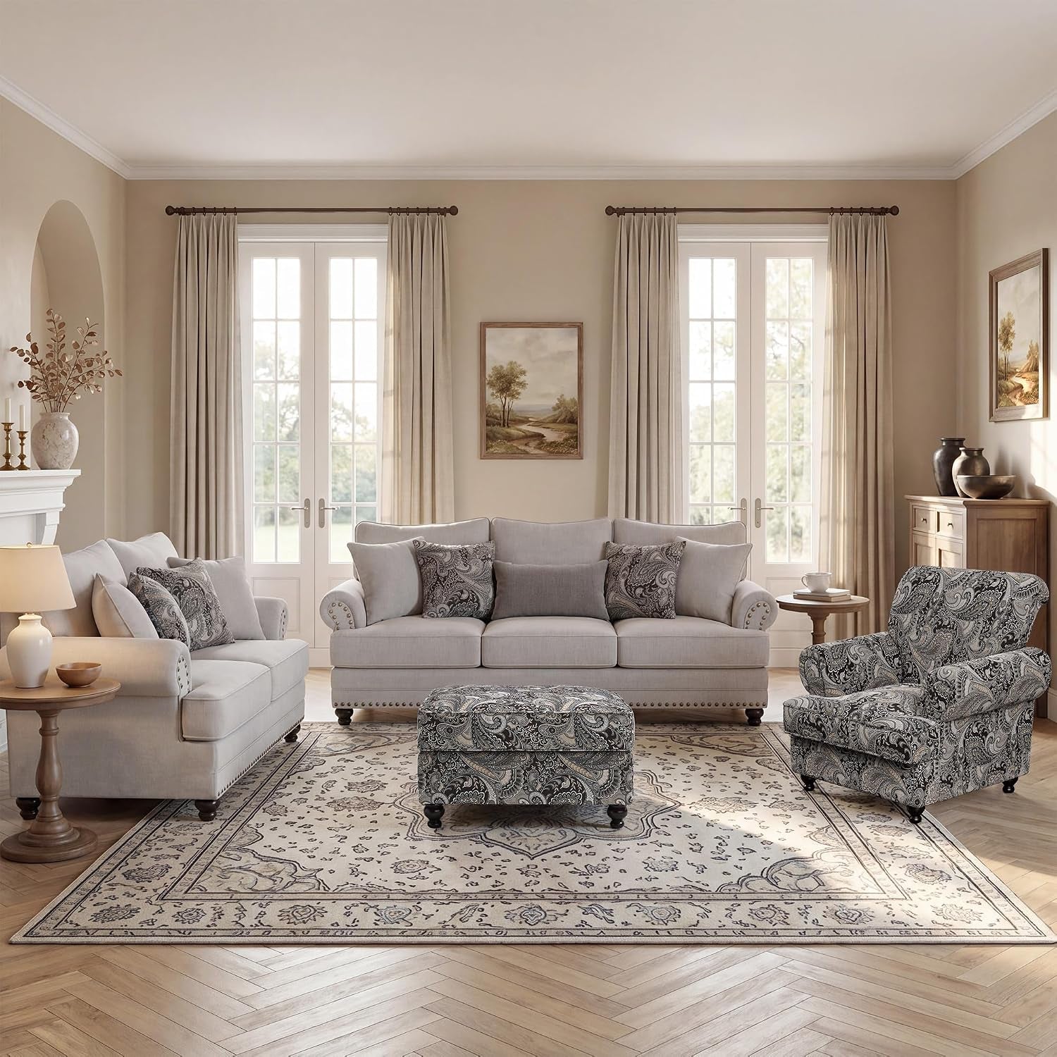 Full living room arrangement showing sofa, loveseat, patterned ottoman, and matching accent chair