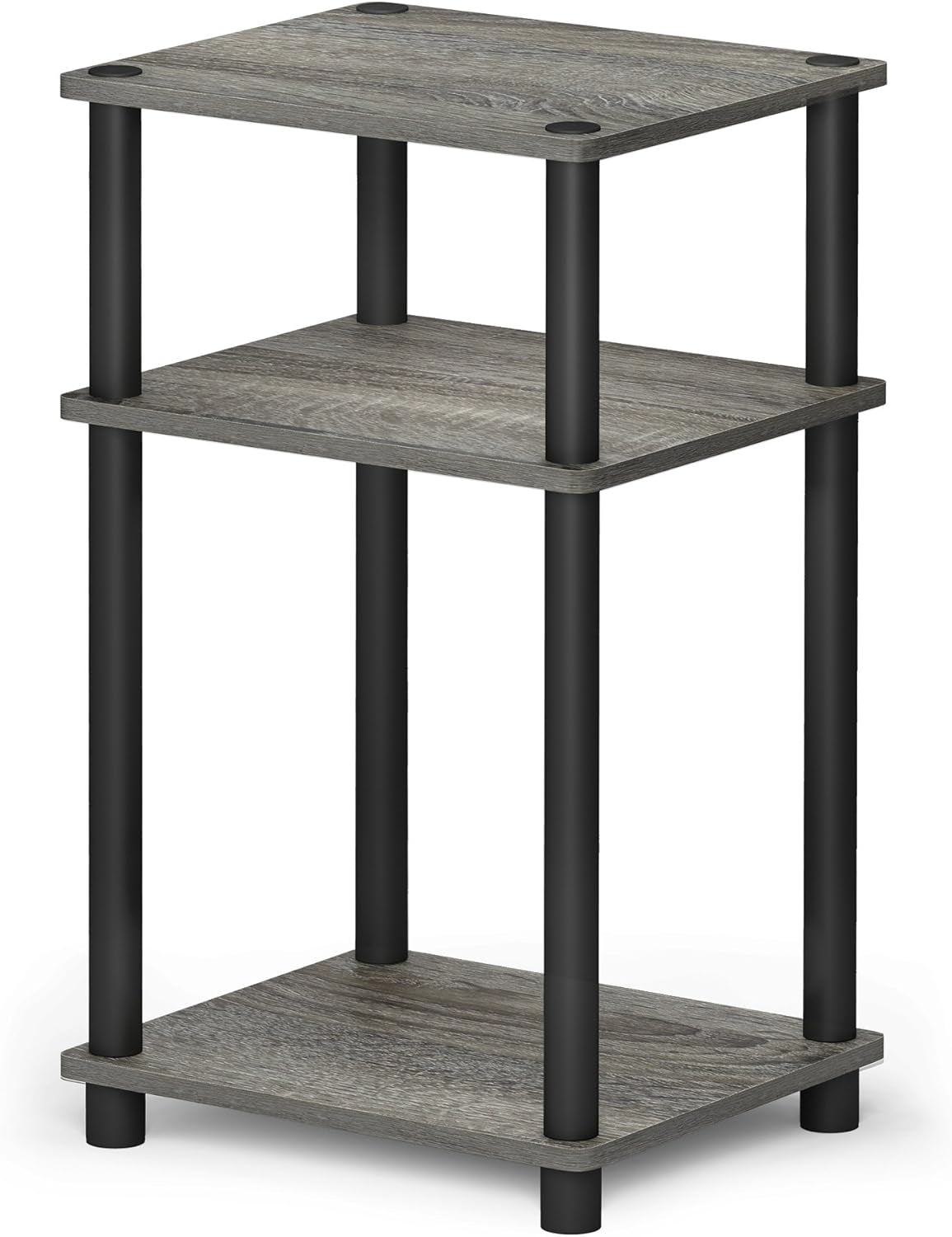 Angled view of the small three-shelf side table showing gray wood grain shelves and matte black posts