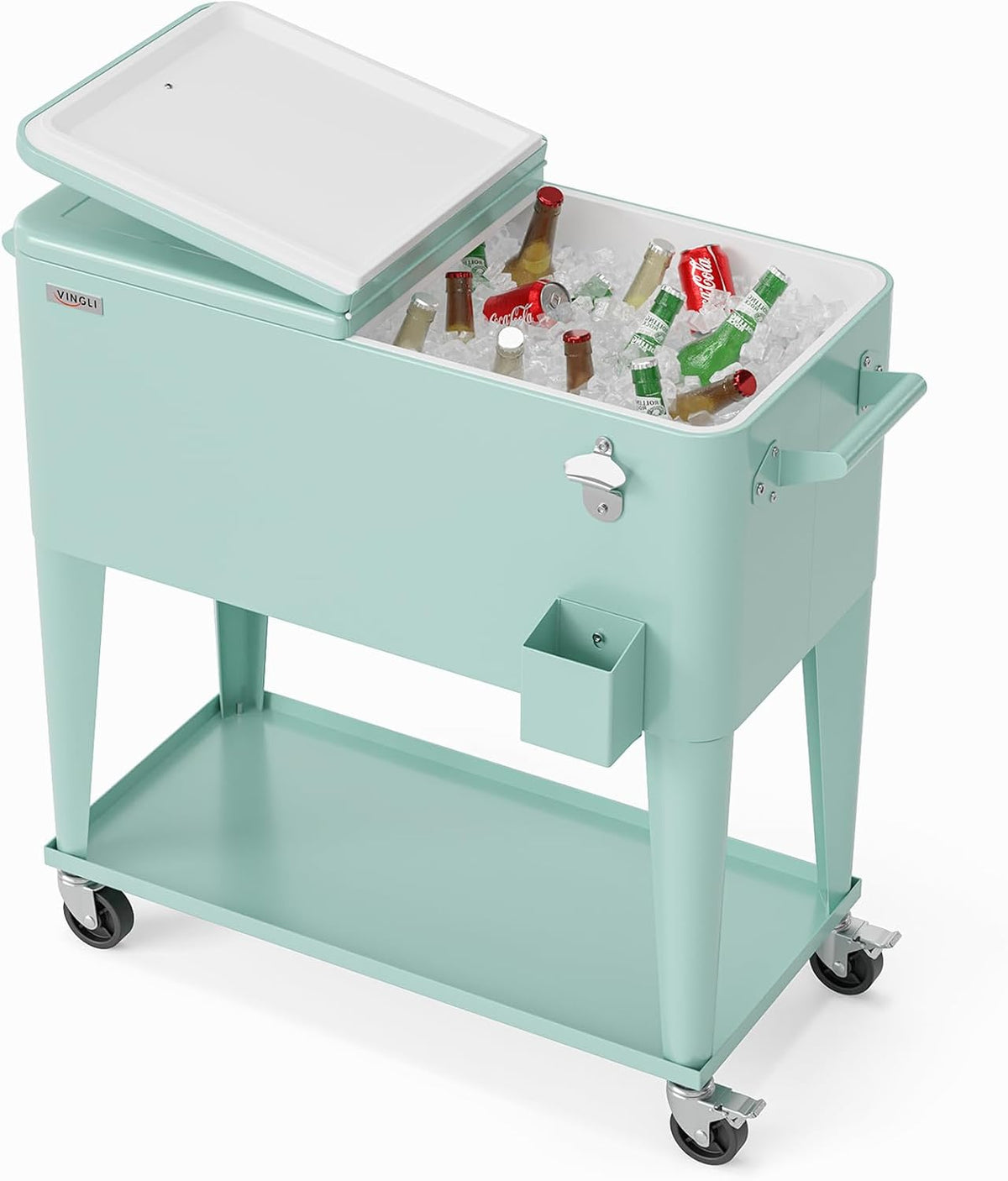 Mint green rolling ice chest with open lid showing bottles in ice, built-in handle, small side holder and bottom shelf