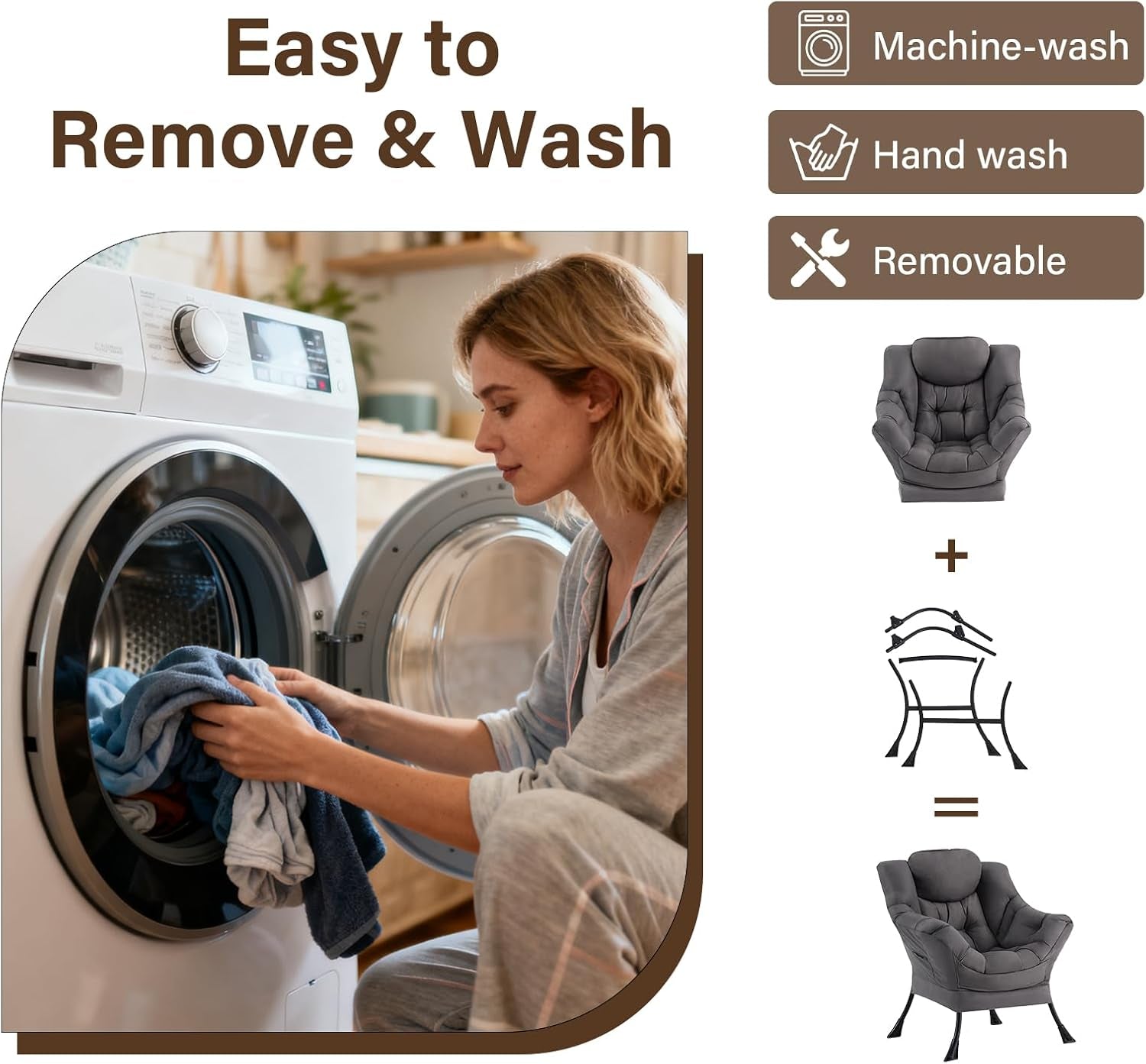 Person loading laundry into a front‑load washer next to icons showing the chair cover is removable and washable.