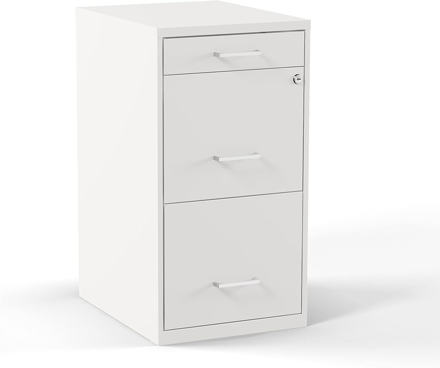 White three-drawer vertical file cabinet shown on white background at a slight angle.