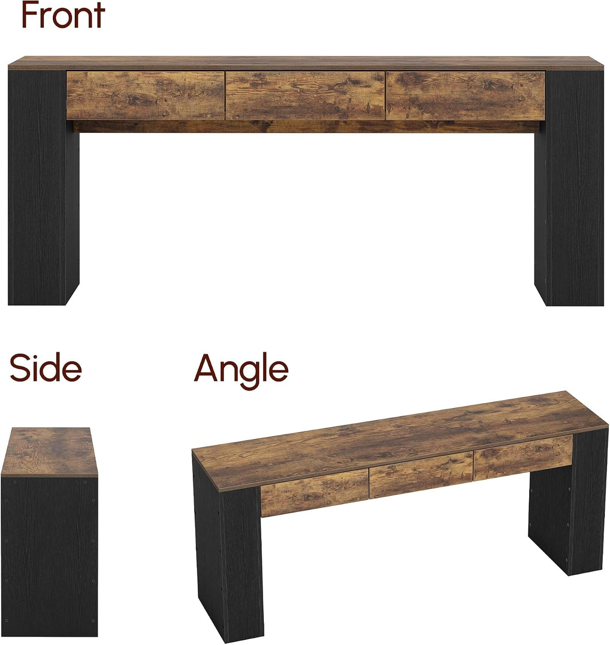 Three product views: straight front, narrow side, and a diagonal angle showing the table's block legs and three front