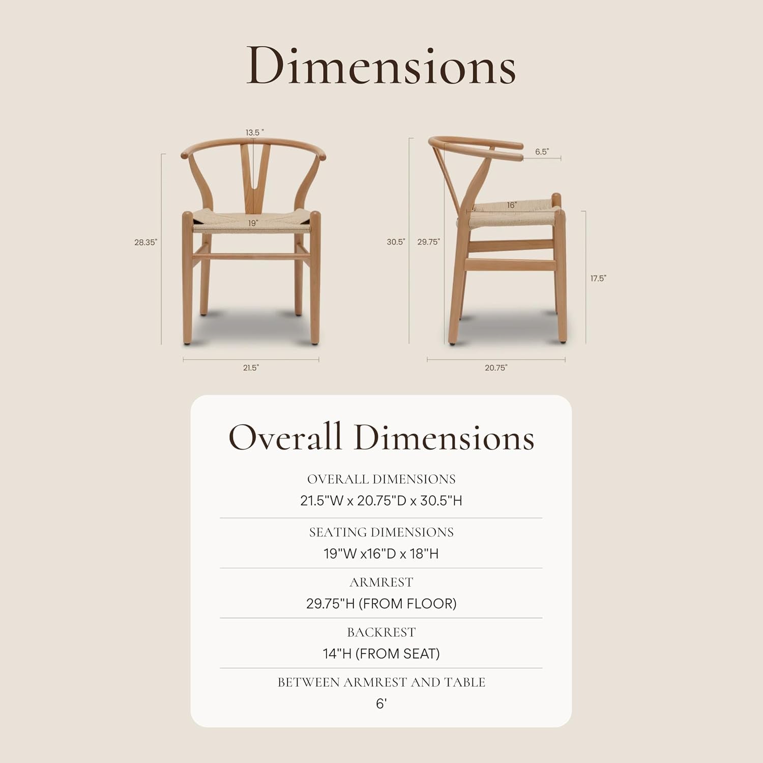 Oak wishbone-inspired dining chair shown with front and side dimensional callouts and measurements