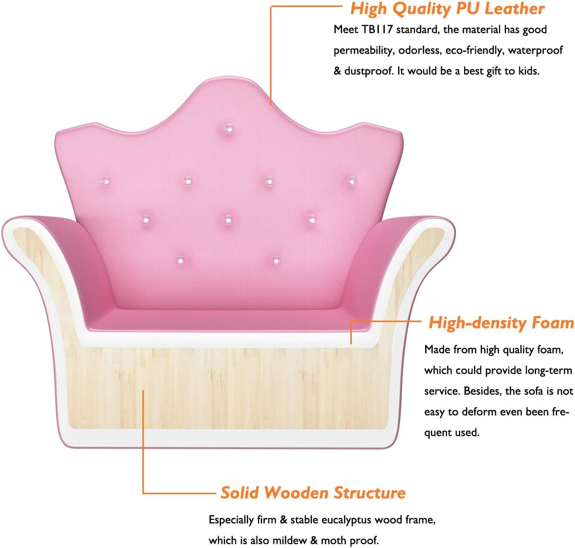 Illustrated cross-section of the pink toddler chair showing layered foam and a solid wood base.