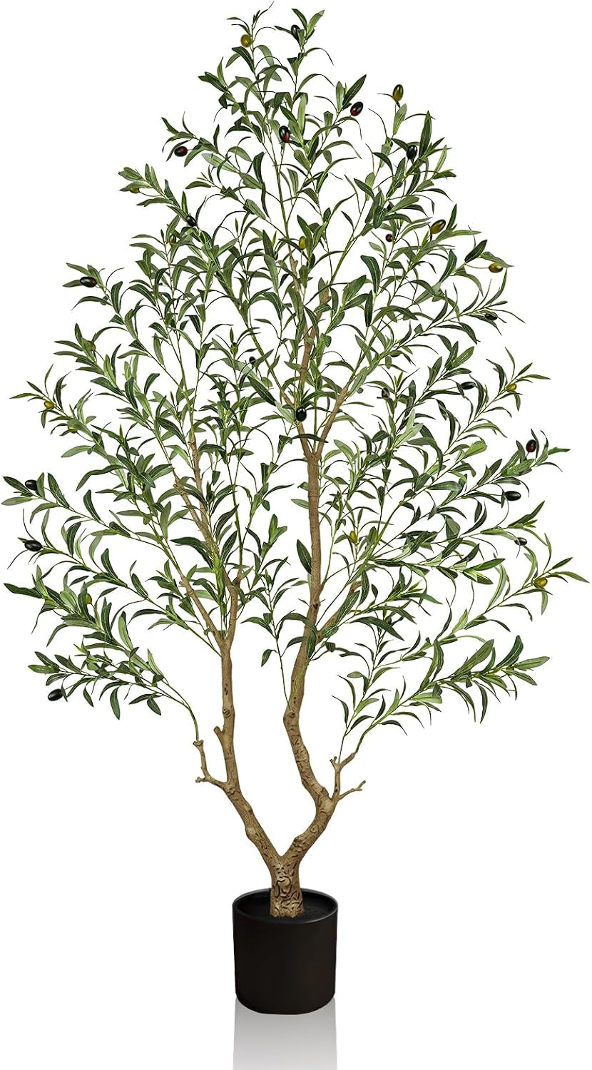 Artificial olive tree with two main trunks, leafy thin branches and scattered olives in a black cylindrical pot.