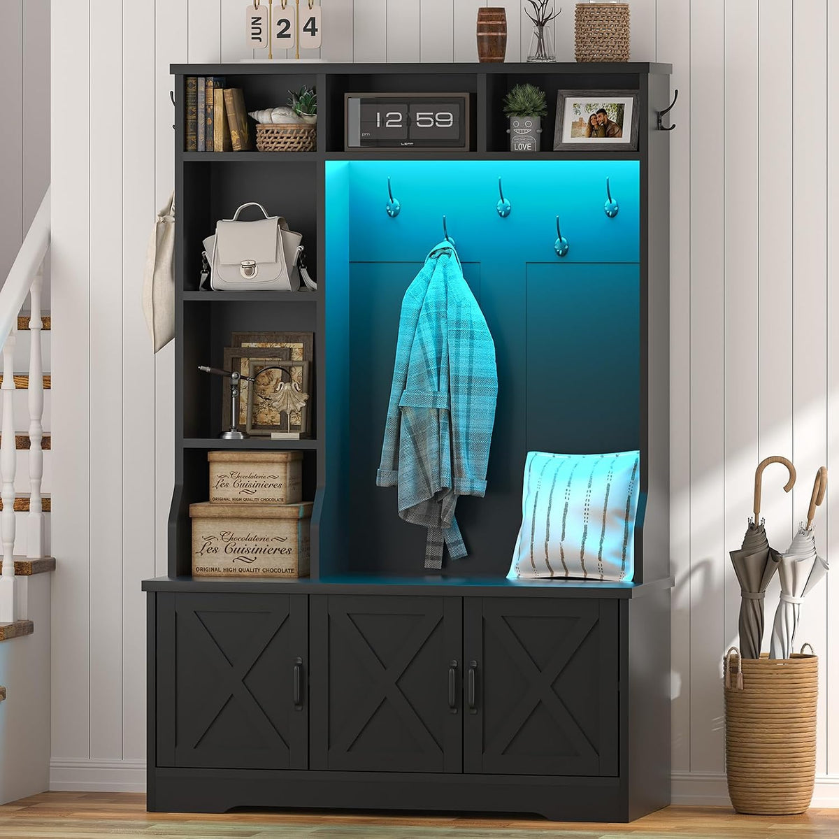 Black finish hall tree variant with blue LED lighting inside the hook area and umbrella stand beside it