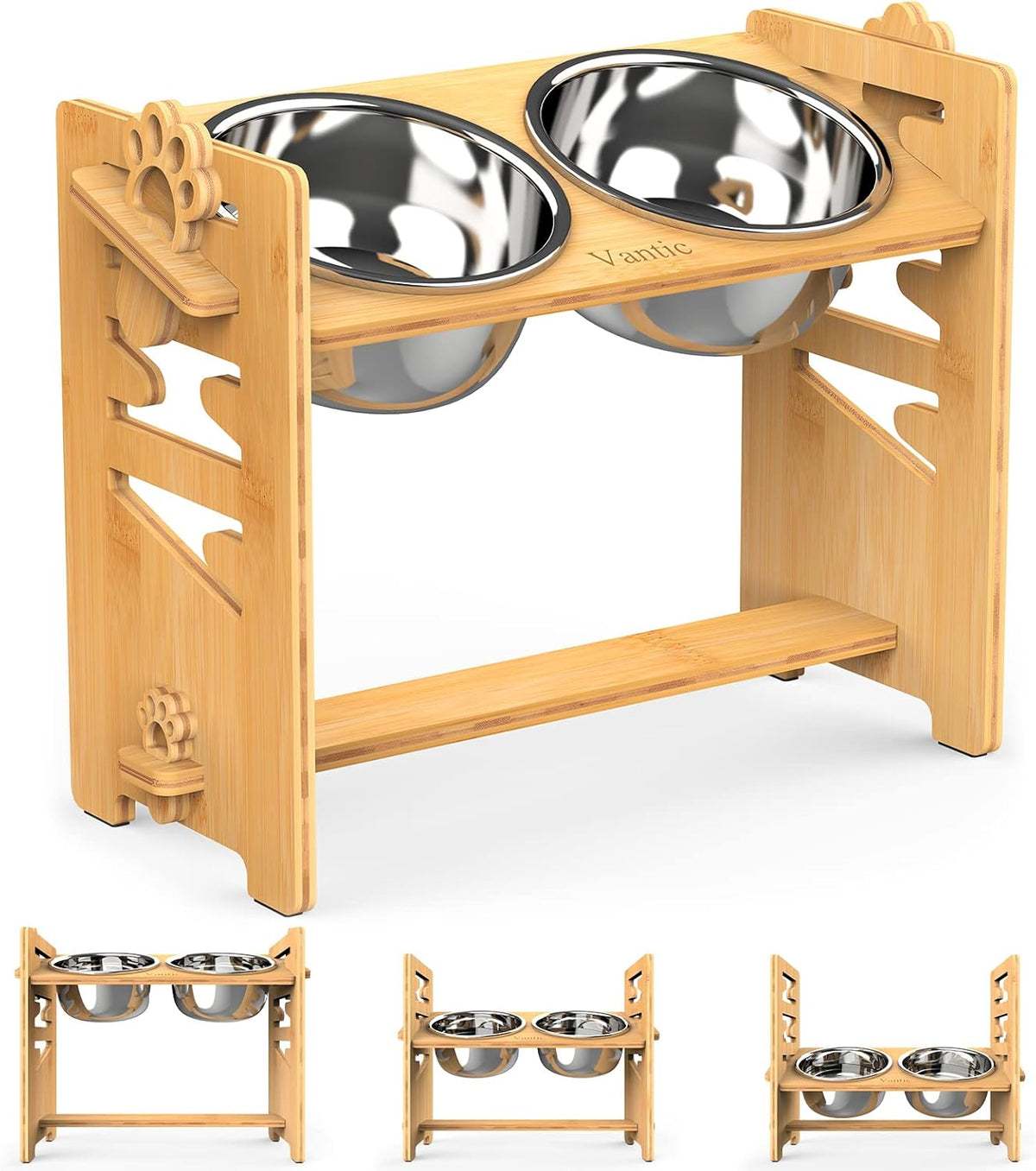 Front three-quarter view of a natural bamboo elevated double dog bowl stand with two stainless bowls