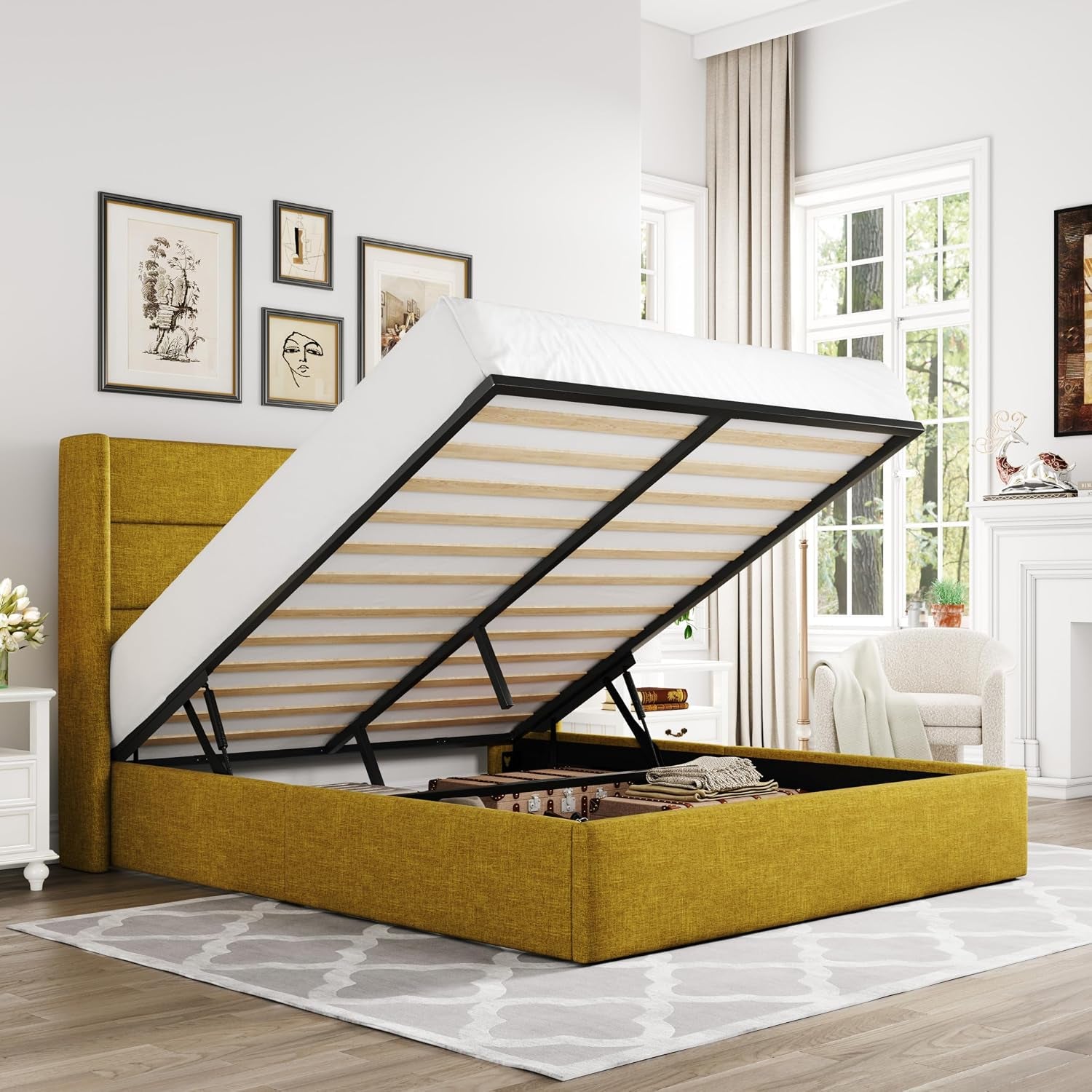 Mustard yellow upholstered storage bed with wingback headboard and raised slatted base