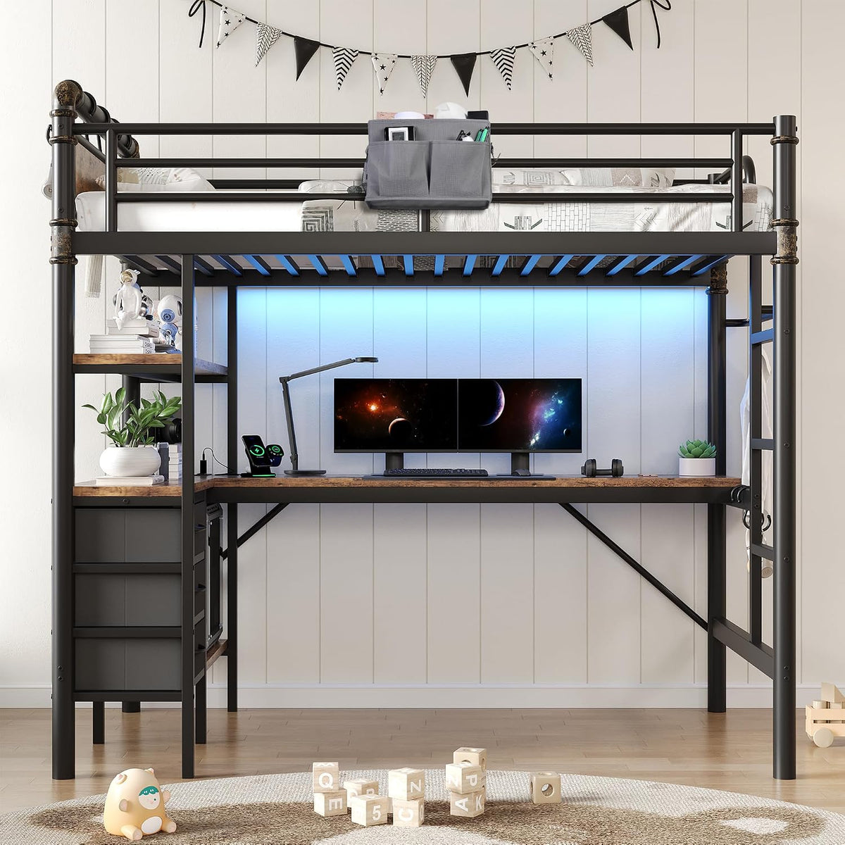 Full twin loft bed with L-shaped desk underneath, wood-effect desktop, shelving at left and blue LED strip lighting behind