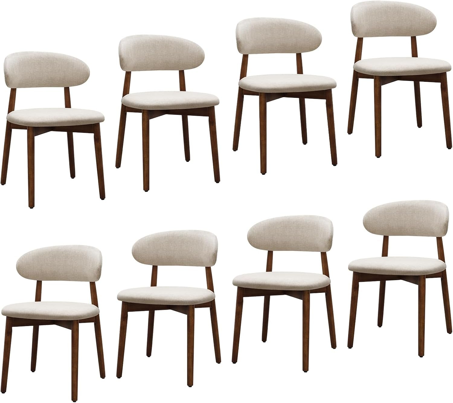 Front-angle product view of an eight-chair beige set with brown frames against white.