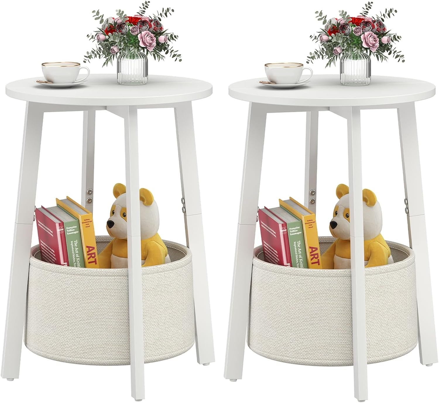 Two white round side tables side by side, each with a cloth storage basket holding books and a toy