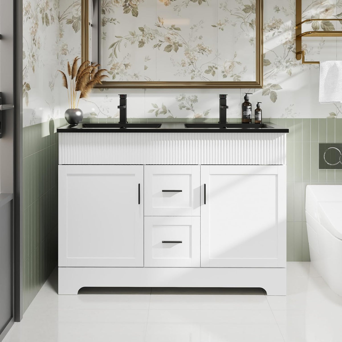 Wider front shot of a two-sink white vanity top with black countertops and fluted fronts