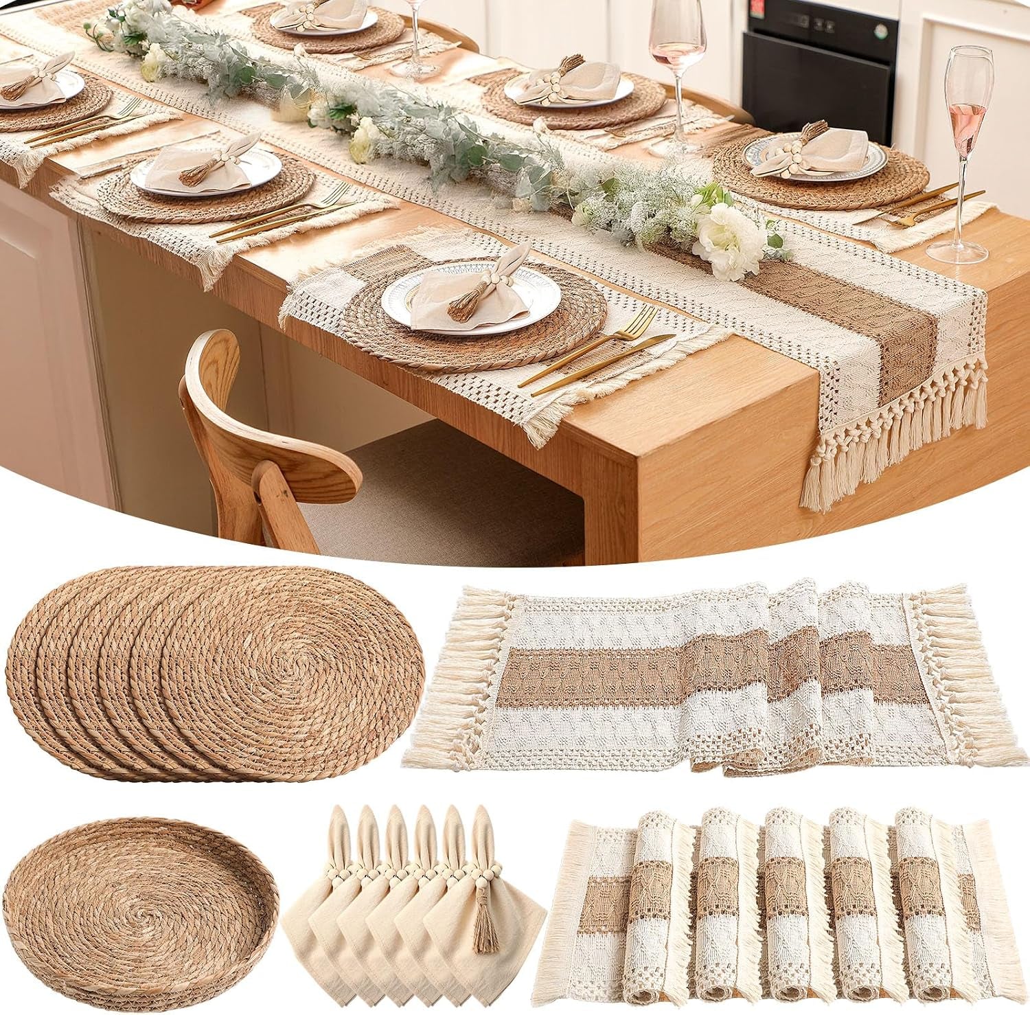 Dining table set with macrame runner, round woven placemats and rattan basket centerpiece from angled top view