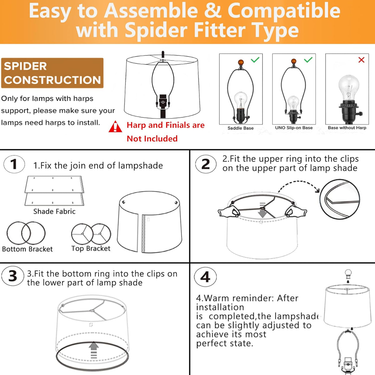 Four-step illustrated instructions showing how to attach top and bottom rings to the lampshade and fit it to a harp.