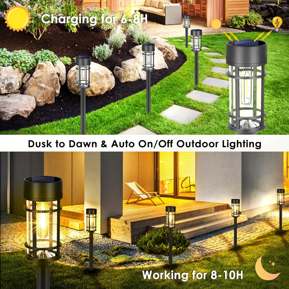 Collage of pathway lights around a home at night and a daytime charging graphic showing 'Working for 8-10H' text