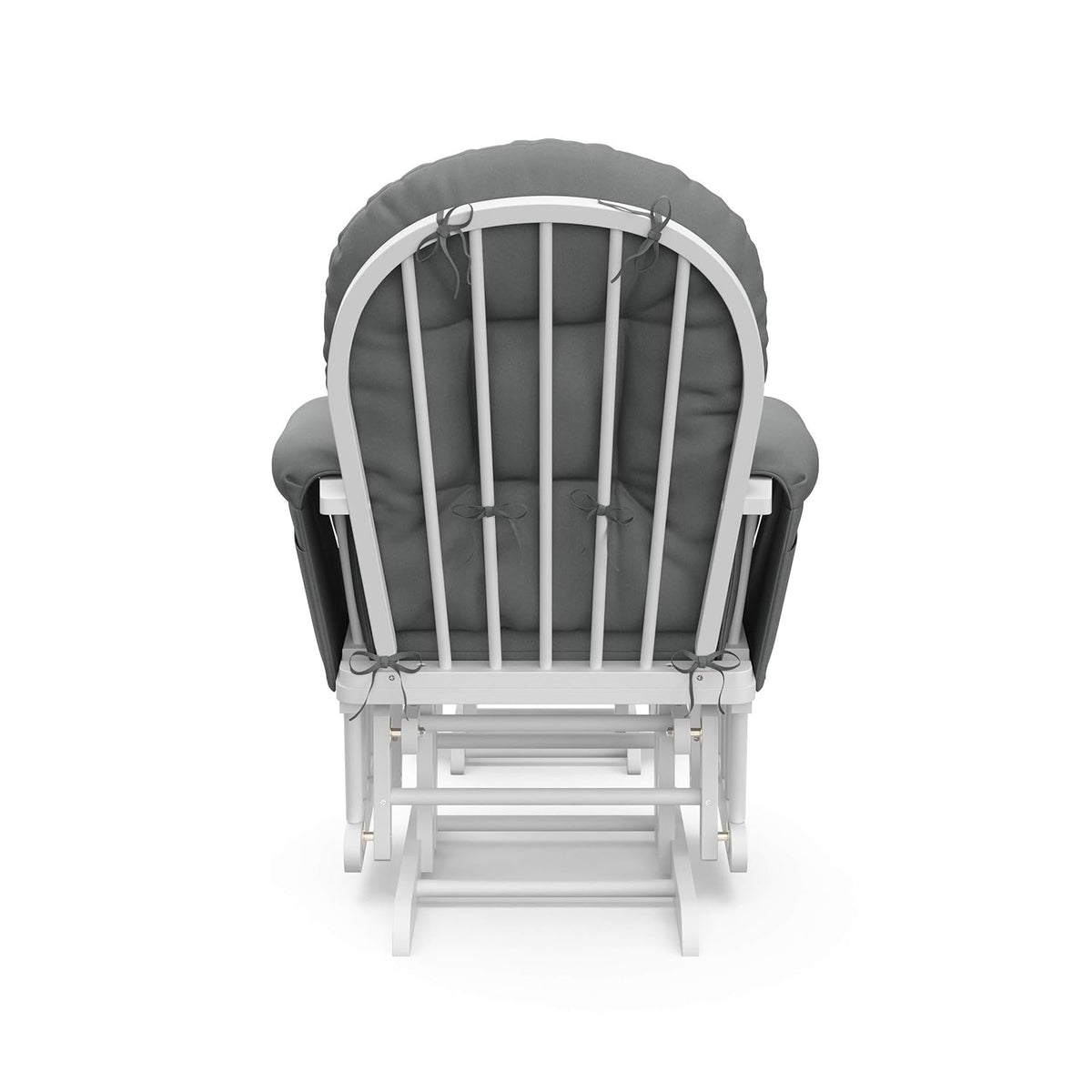 Rear view of the glider showing vertical slat frame and tied gray cushion back.