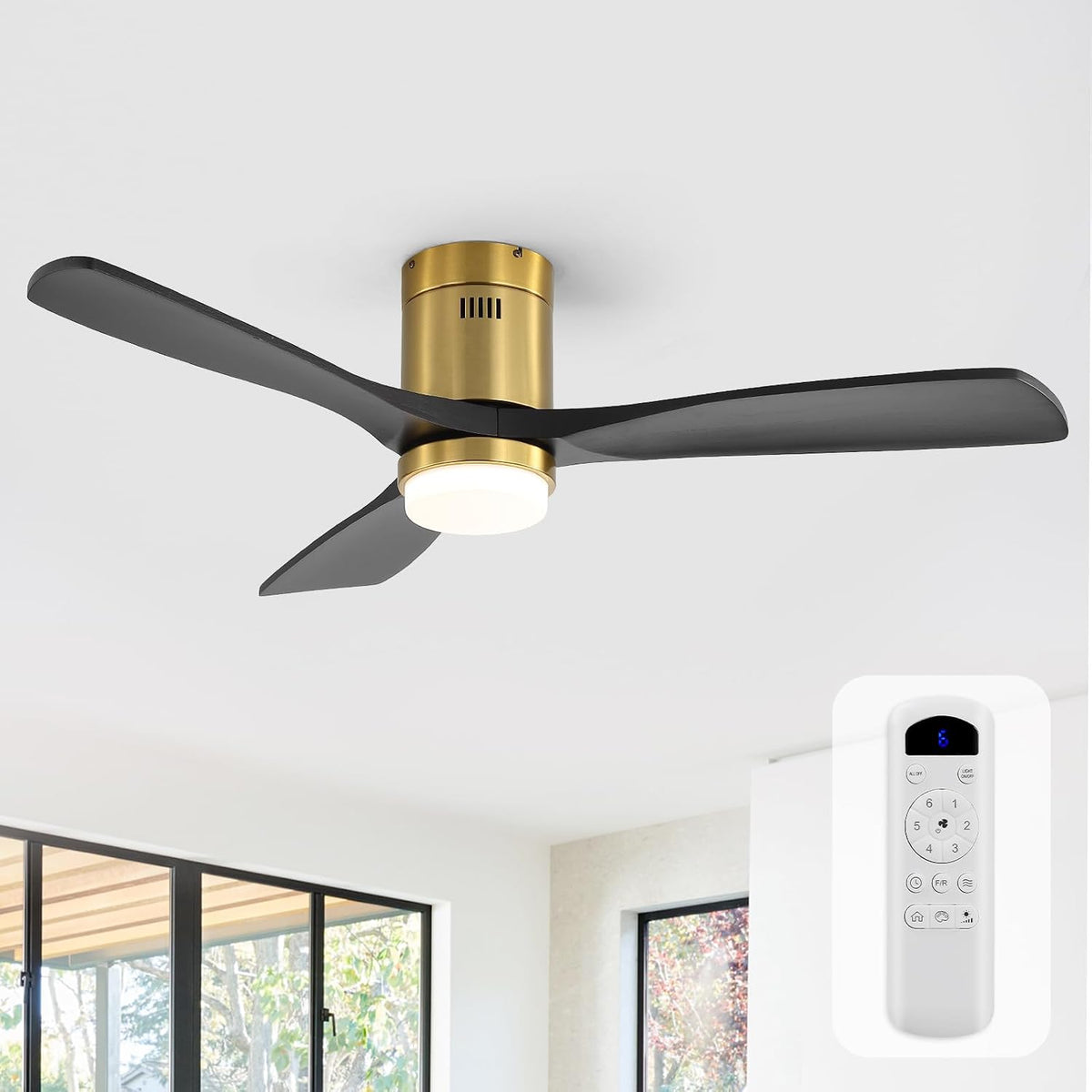 Angled close-up of a flush‑mount fan with dark wood blades, gold motor and lit round light.
