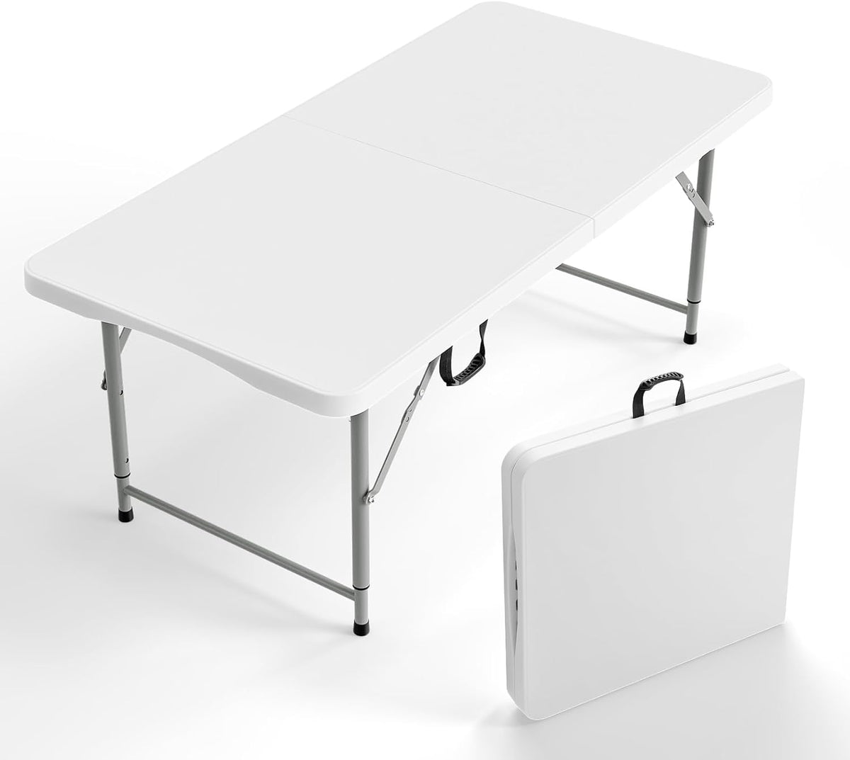 White folding table set up with matching folded carry case standing nearby on a white background