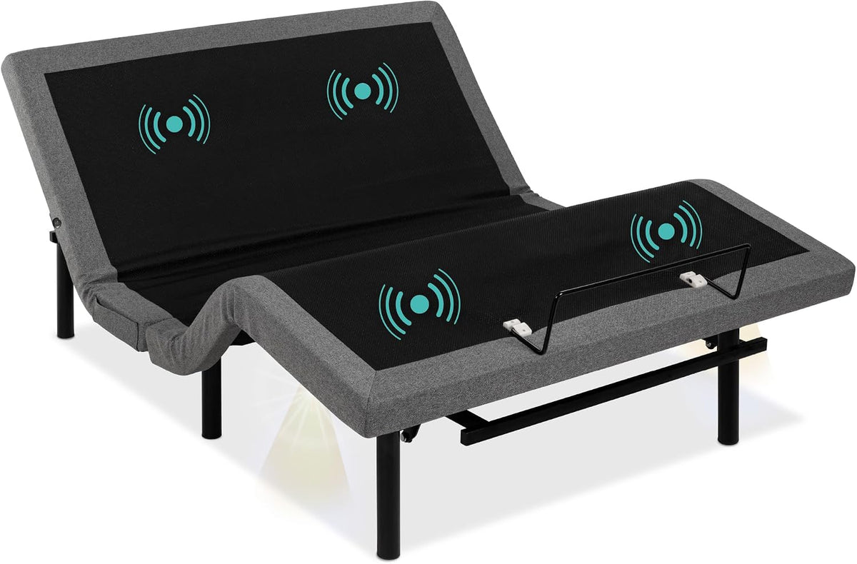Angled view of one side of the adjustable frame with mattress retainer bar and vibration icons overlaid