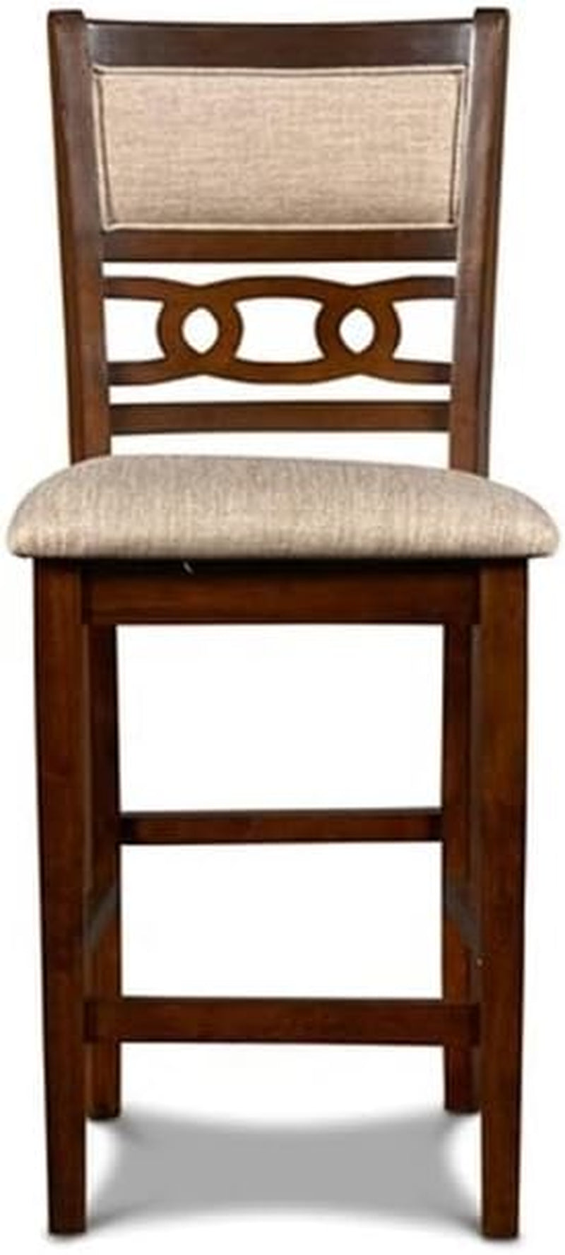 Front view of the chair showing beige upholstered seat, inset fabric back panel and carved wooden back detail.