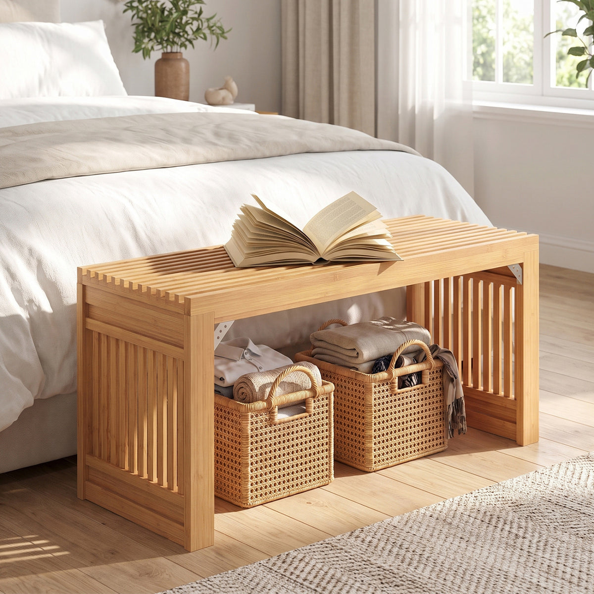 Slatted bamboo bench beside a bed, holding an open book, with woven baskets stored underneath.