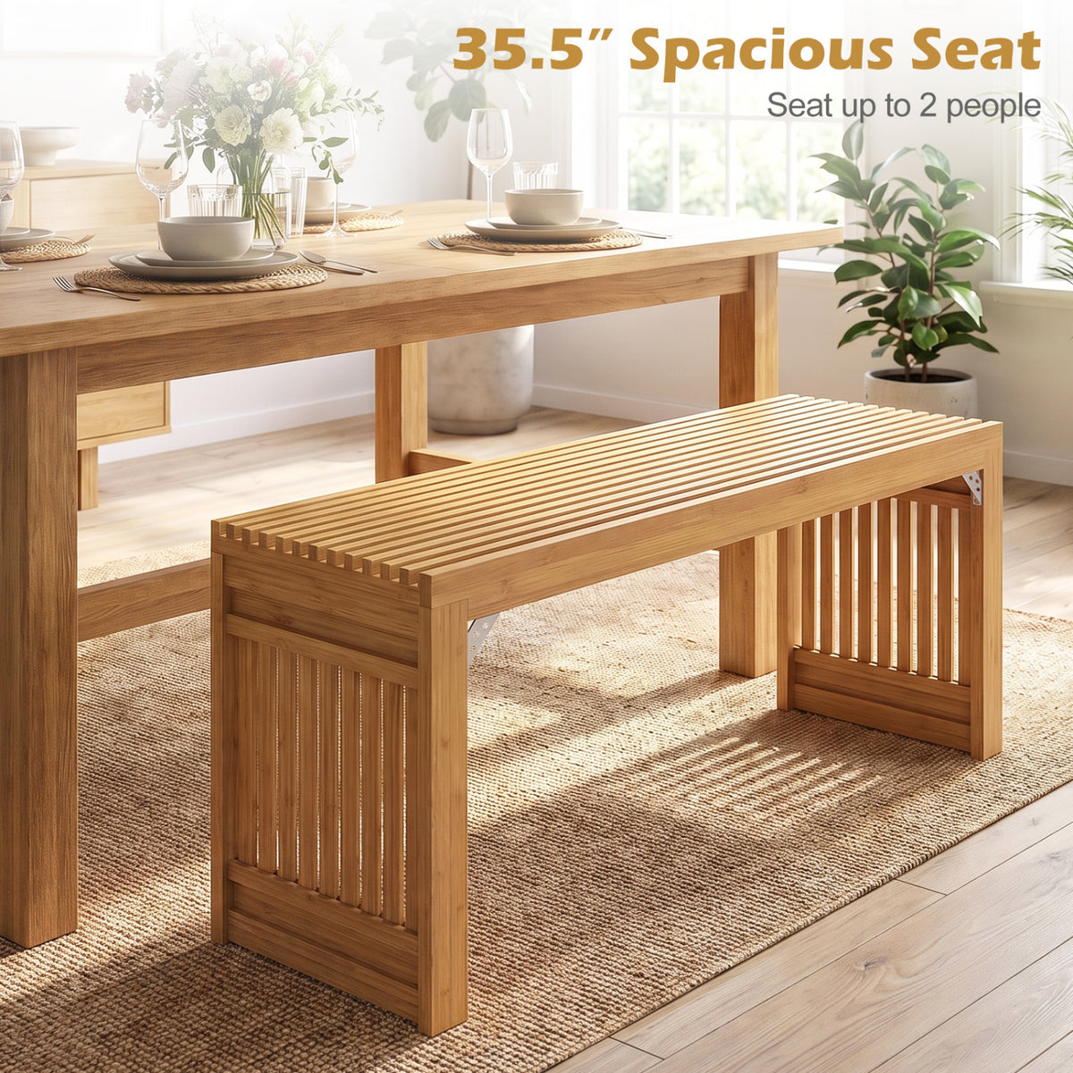 Bamboo bench in front of a dining table, showing its slatted seat and open supports.