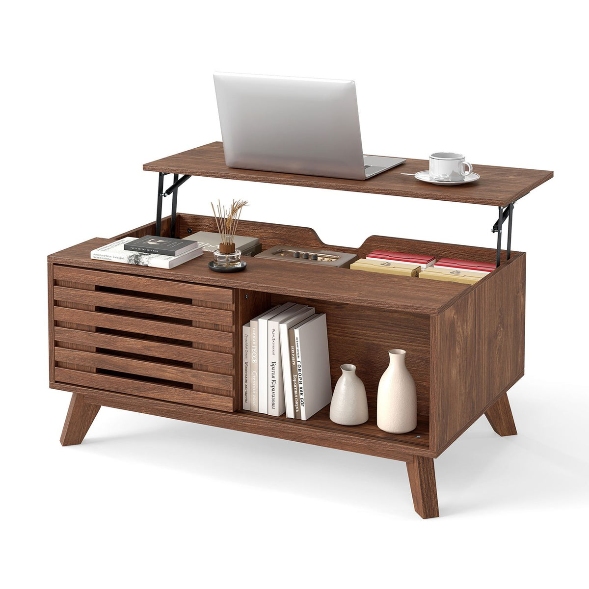 Brown coffee table shown against a white background, with the lift top raised above books and decor.