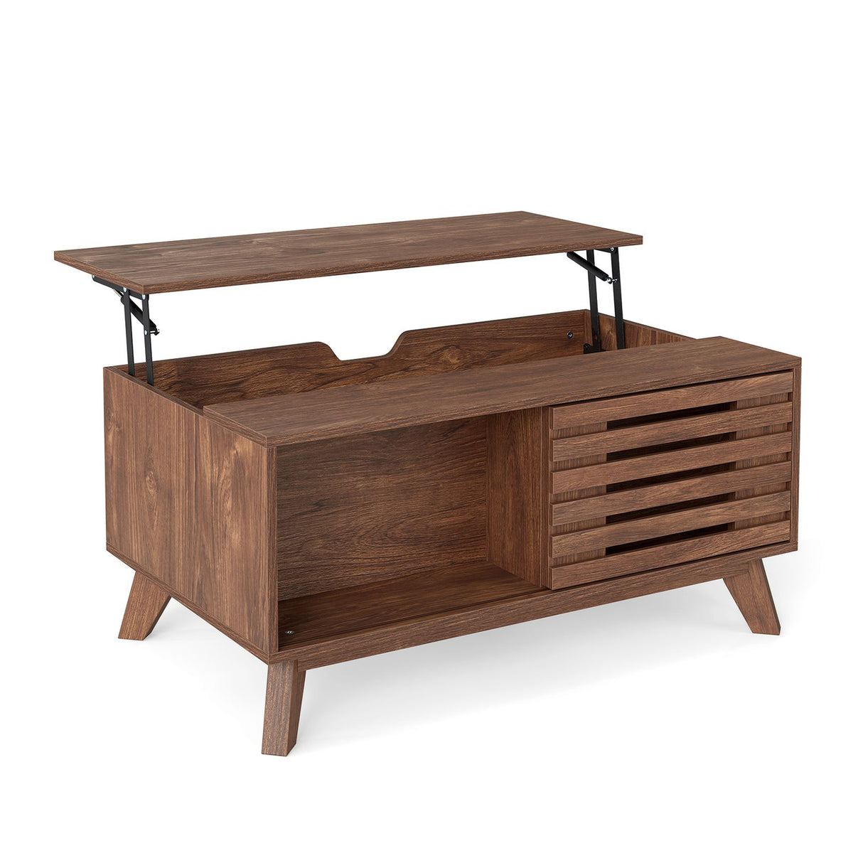 Rear angle of the brown coffee table with its raised top and empty open storage compartment visible.