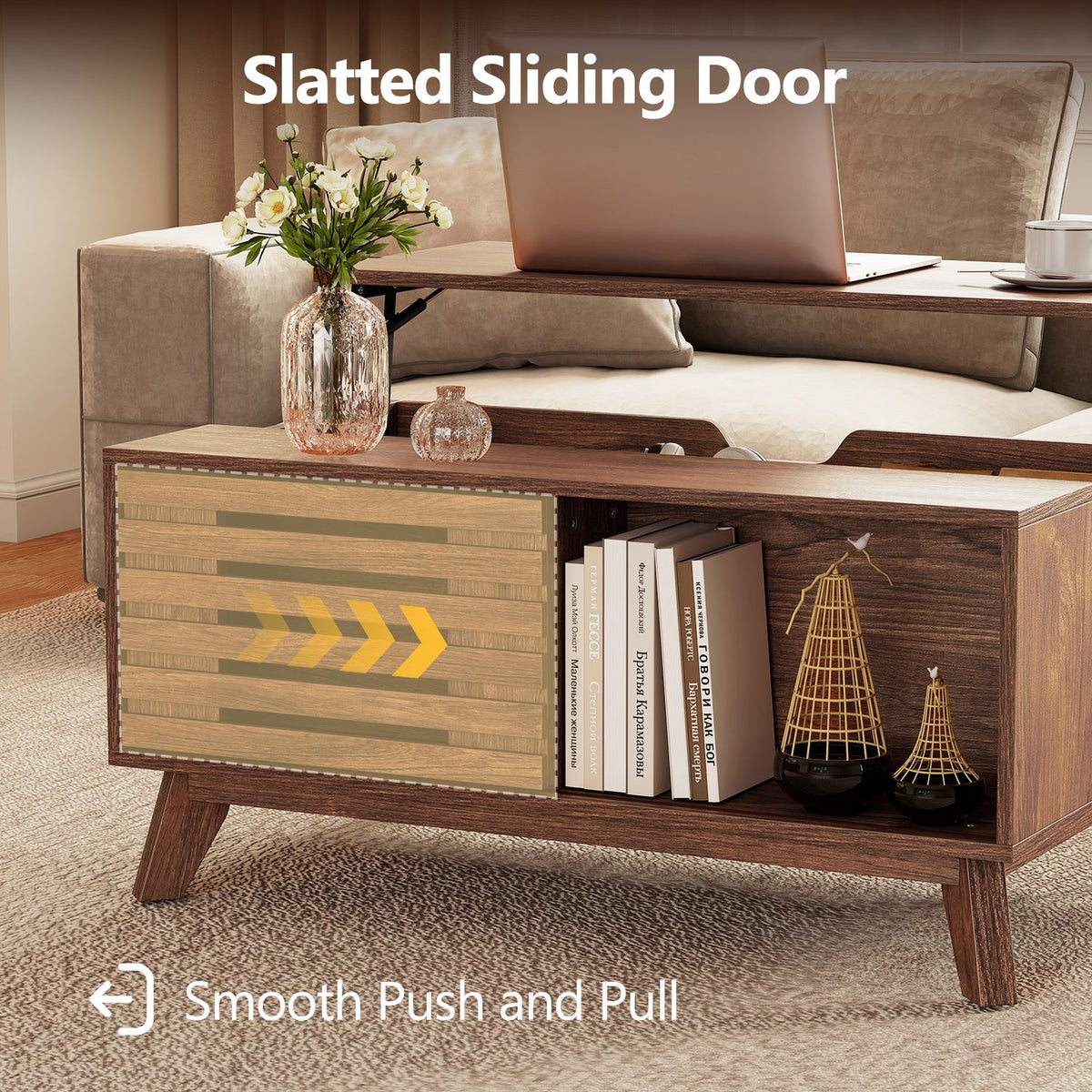 Coffee table with its slatted sliding door partly open, displaying books and decor in the compartment.