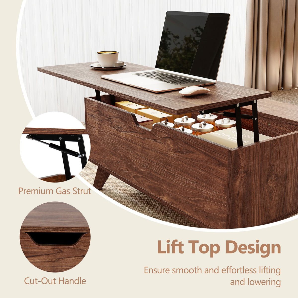 Raised tabletop reveals the coffee table's storage compartment, with a laptop resting on the lifted surface.