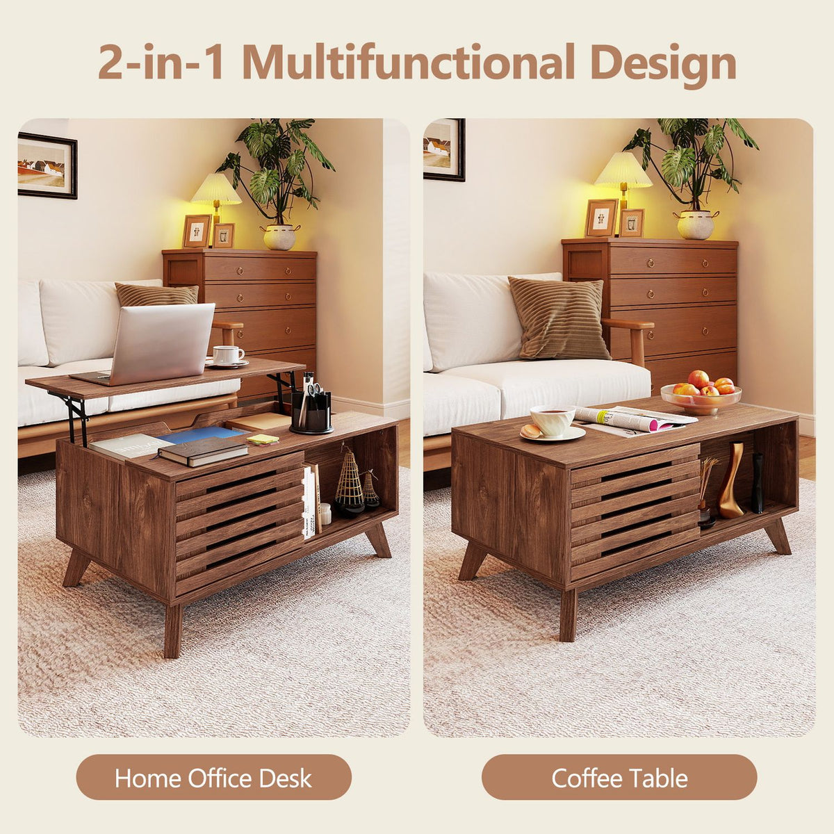 Two views show the table with its top raised as a laptop desk and lowered as a coffee table.