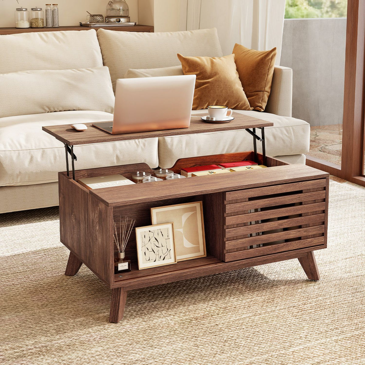Coffee table with its raised top holding a laptop and cup, revealing storage below.
