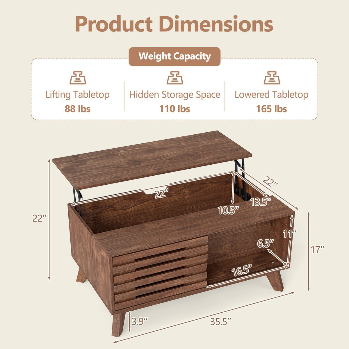 Lift-top coffee table shown open, with measurement arrows around the tabletop, storage area, and base.