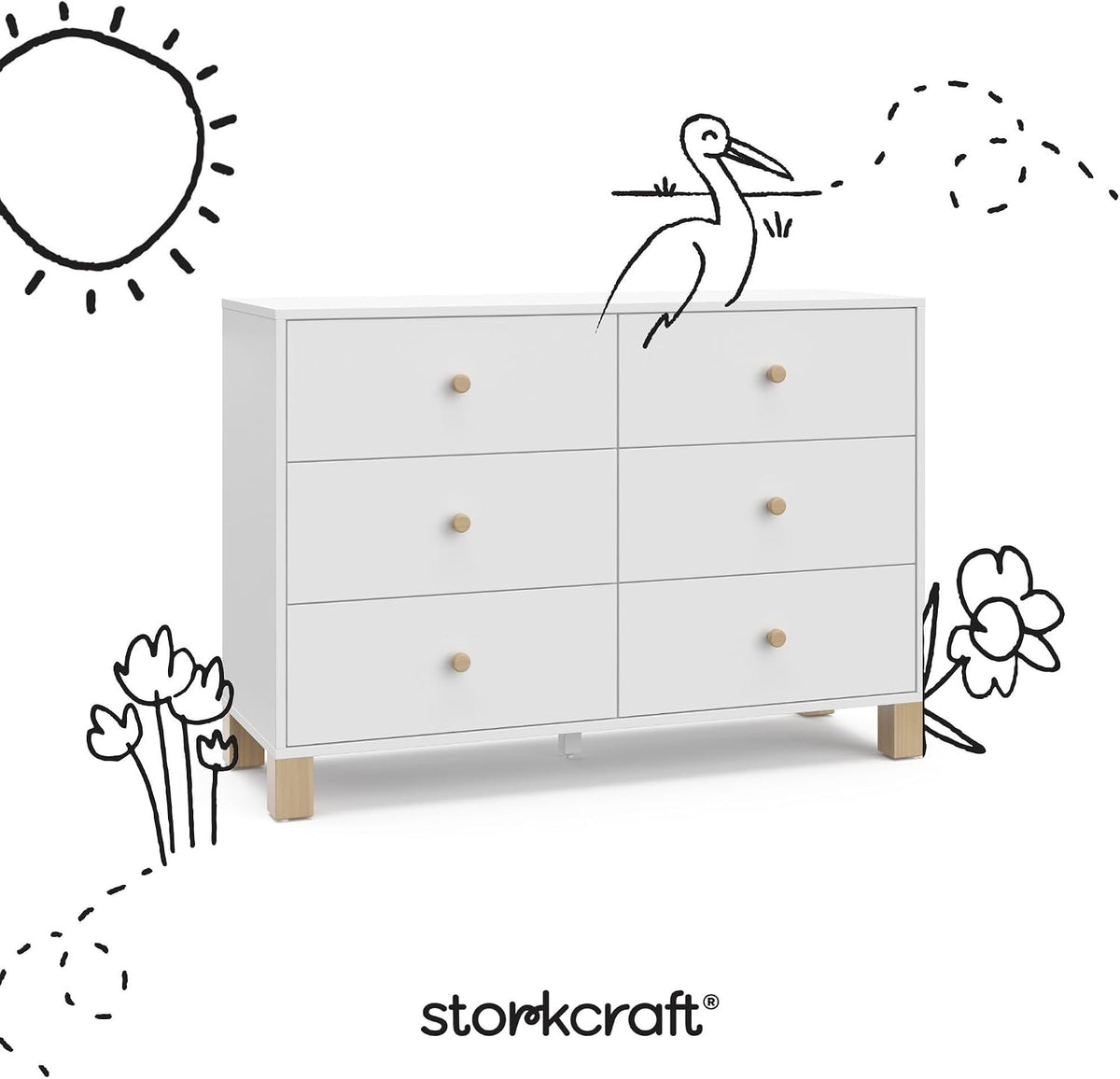 Styled product shot of the white six-drawer dresser with doodle graphics around it.