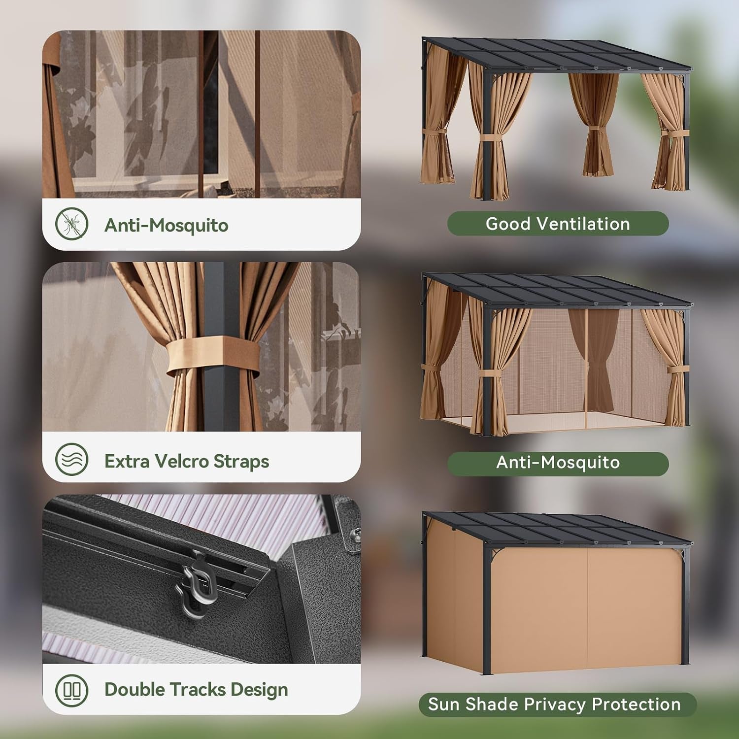 Collage showing mesh mosquito net, curtain straps, double roof tracks and three gazebo configuration illustrations