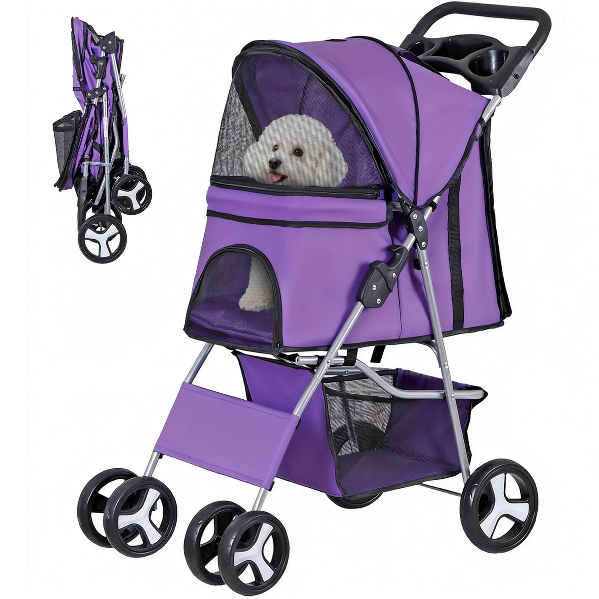 Purple pet stroller front three-quarter view with a small white dog peeking through the mesh window.