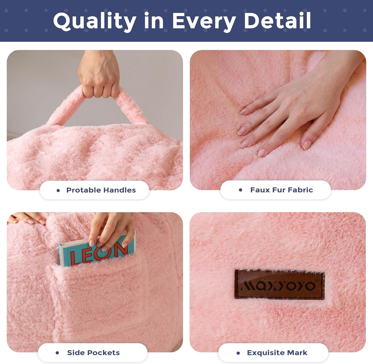 Close-up collage showing plush fabric texture, side pocket, stitched label and pocket detail on pink bean bag
