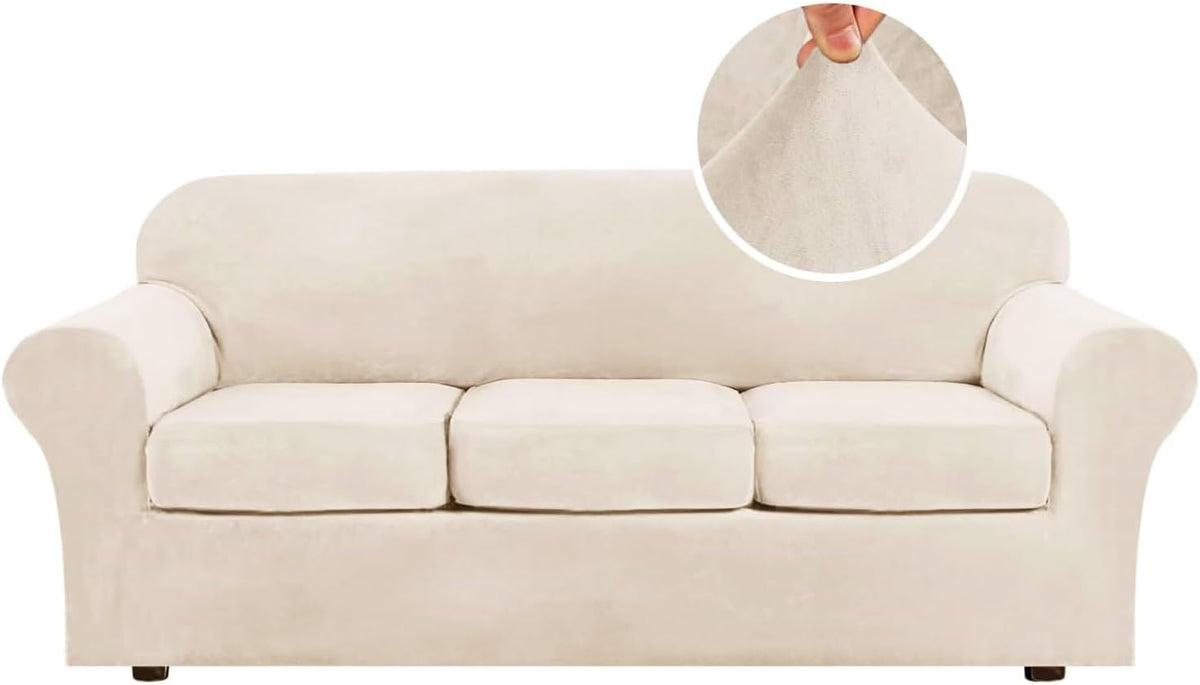 Straight-on view of a light cream three-seat sofa with three individual cushions and a fabric pinch inset.