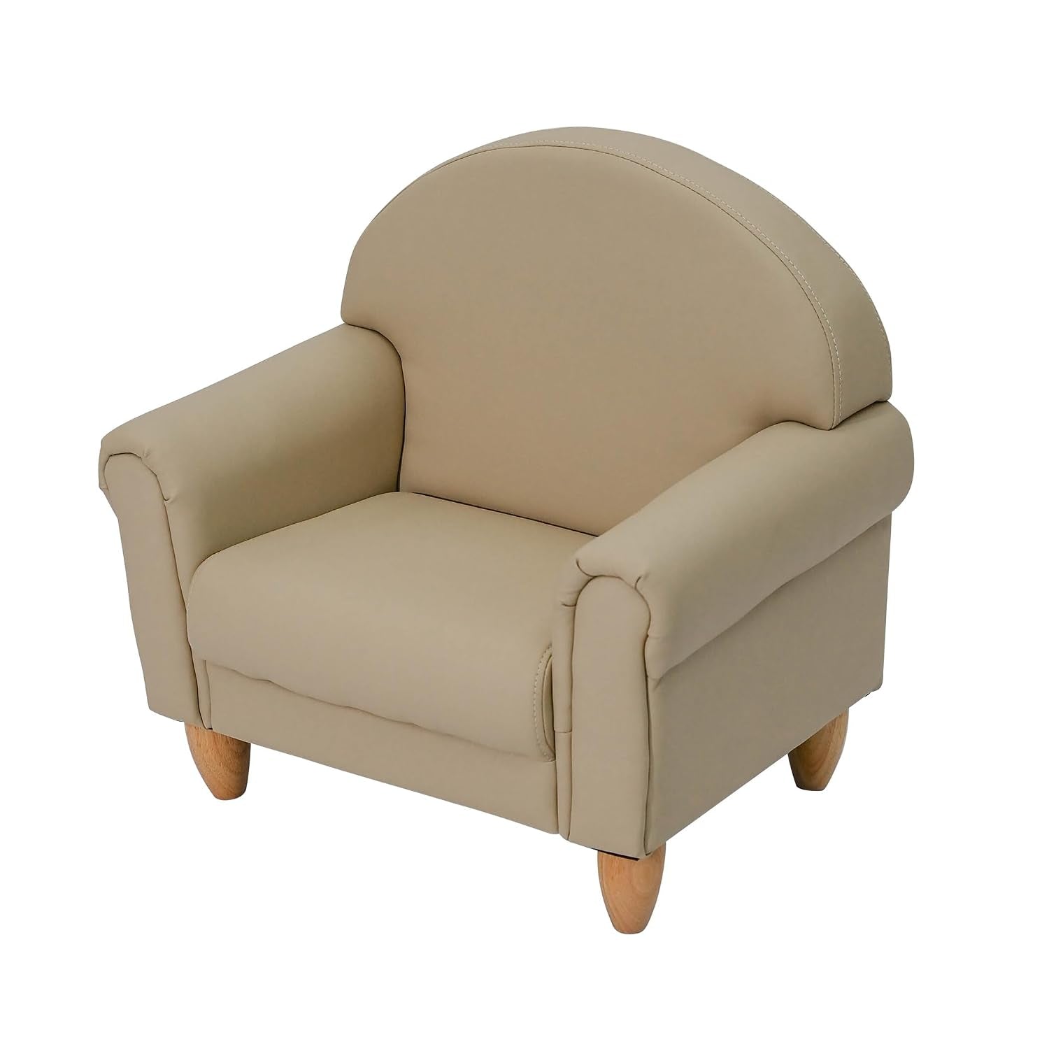 Angled front view of a tan kids armchair with rounded back and wooden tapered legs.
